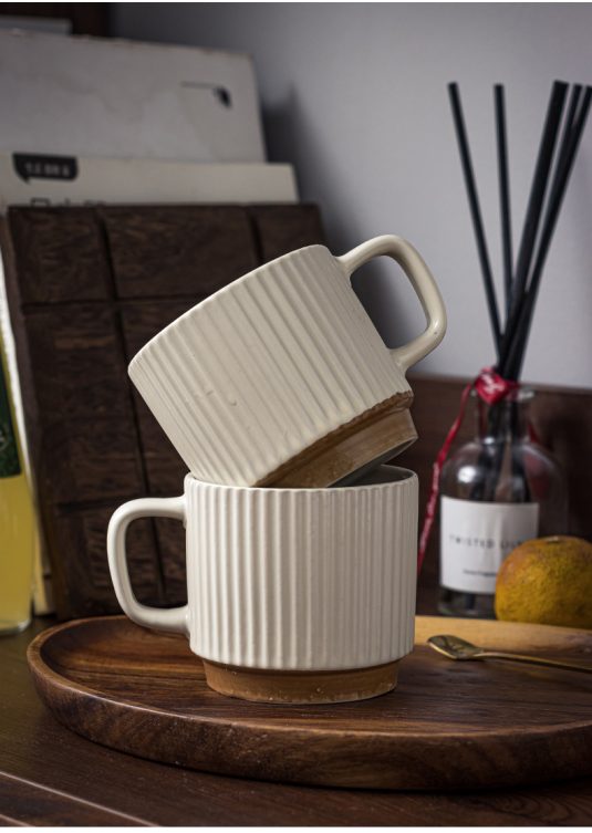 240ML Household Vertical Pattern Relief Mug Ceramic Handgrip Drinking Cup for Coffee and Milk Couple Ear-Hanging Cup drinkware - Image 4